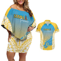 Personalised Vanuatu Sanma Day Couples Matching Off Shoulder Short Dress and Hawaiian Shirt Special Style LT05 Yellow - Polynesian Pride