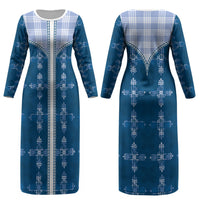 Blue Hawaii Paniolo Quilt Motif Couples Matching Long Sleeve Bodycon Dress and Hawaiian Shirt LT05 - Polynesian Pride