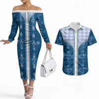Blue Hawaii Paniolo Quilt Motif Couples Matching Off The Shoulder Long Sleeve Dress and Hawaiian Shirt LT05 Blue - Polynesian Pride