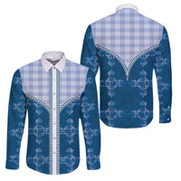 Blue Hawaii Paniolo Quilt Motif Family Matching Off Shoulder Maxi Dress and Hawaiian Shirt LT05 Dad's Shirt - Long Sleeve Blue - Polynesian Pride