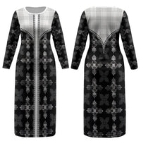 Black Hawaii Paniolo Quilt Motif Couples Matching Long Sleeve Bodycon Dress and Hawaiian Shirt LT05 - Polynesian Pride