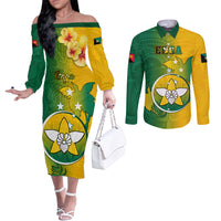 Personalized Papua New Guinea Enga Province Couples Matching Off The Shoulder Long Sleeve Dress and Long Sleeve Button Shirts Mix Coat Of Arms Polynesian Pattern LT05 Green - Polynesian Pride