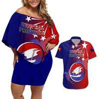 Papua New Guinea Central Province Couples Matching Off Shoulder Short Dress and Hawaiian Shirt Mix Coat Of Arms Polynesian Pattern LT05 Blue - Polynesian Pride