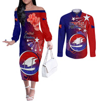 Papua New Guinea Central Province Couples Matching Off The Shoulder Long Sleeve Dress and Long Sleeve Button Shirts Mix Coat Of Arms Polynesian Pattern LT05 Blue - Polynesian Pride