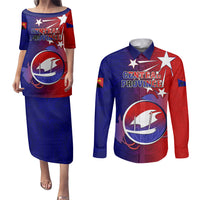Papua New Guinea Central Province Couples Matching Puletasi Dress and Long Sleeve Button Shirts Mix Coat Of Arms Polynesian Pattern LT05 Blue - Polynesian Pride