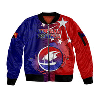 Papua New Guinea Central Province Sleeve Zip Bomber Jacket Mix Coat Of Arms Polynesian Pattern LT05 Unisex Blue - Polynesian Pride