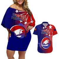 Personalized Papua New Guinea Central Province Couples Matching Off Shoulder Short Dress and Hawaiian Shirt Mix Coat Of Arms Polynesian Pattern LT05 Blue - Polynesian Pride