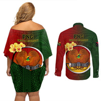 Papua New Guinea Chimbu Province Couples Matching Off Shoulder Short Dress and Long Sleeve Button Shirts Mix Coat Of Arms Polynesian Pattern LT05 - Polynesian Pride