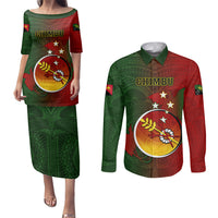Personalized Papua New Guinea Chimbu Province Couples Matching Puletasi Dress and Long Sleeve Button Shirts Mix Coat Of Arms Polynesian Pattern LT05 Red - Polynesian Pride