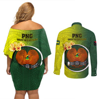 Papua New Guinea Oro Province Couples Matching Off Shoulder Short Dress and Long Sleeve Button Shirts Mix Coat Of Arms Polynesian Pattern LT05 - Polynesian Pride