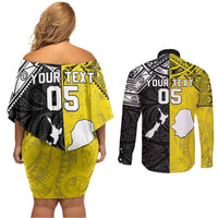 Custom New Zealand Maori And Niue Hiapo Couples Matching Off Shoulder Short Dress and Long Sleeve Button Shirt Lizard And Coconut Crab Together