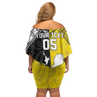 Custom New Zealand Maori And Niue Hiapo Off Shoulder Short Dress Lizard And Coconut Crab Together