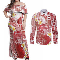 Tonga Christmas Couples Matching Off Shoulder Maxi Dress and Long Sleeve Button Shirt Kilisimasi Fiefia Retro Style Red - Polynesian Pride