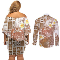 Tonga Christmas Couples Matching Off Shoulder Short Dress and Long Sleeve Button Shirt Kilisimasi Fiefia Retro Style Brown - Polynesian Pride