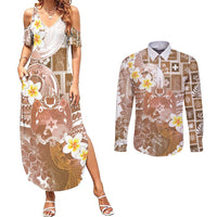 Tonga Christmas Couples Matching Summer Maxi Dress and Long Sleeve Button Shirt Kilisimasi Fiefia Retro Style Brown - Polynesian Pride