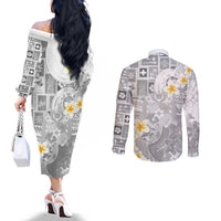Tonga Christmas Couples Matching Off The Shoulder Long Sleeve Dress and Long Sleeve Button Shirt Kilisimasi Fiefia Retro Style White LT05 - Polynesian Pride