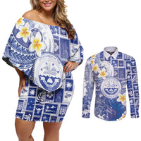 Federated States Of Micronesia Christmas Couples Matching Off Shoulder Short Dress and Long Sleeve Button Shirt Retro Style Bright Version LT05 Blue - Polynesian Pride