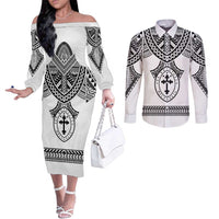 Personalised Melanesian Brotherhood Couples Matching Off The Shoulder Long Sleeve Dress and Long Sleeve Button Shirt With Tribal Pattern - Polynesian Pride