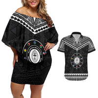 Personalised Melanesian Brotherhood Couples Matching Off Shoulder Short Dress and Hawaiian Shirt Ministry Faith And Mission LT05 Black - Polynesian Pride