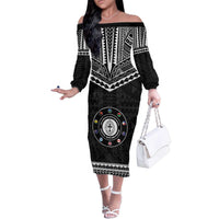 Personalised Melanesian Brotherhood Family Matching Off The Shoulder Long Sleeve Dress and Hawaiian Shirt Ministry Faith And Mission LT05 Mom's Dress Black - Polynesian Pride