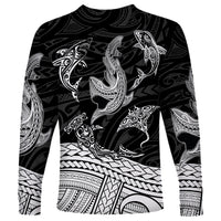 Polynesian Tribal Long Sleeve Shirt with Sharks Tattoo White LT6 - Polynesian Pride