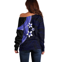 Polynesian Off Shoulder Sweater With Plumeria Flower Blue LT6 - Polynesian Pride