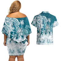 Polynesian Sea Turtle Couples Matching Off Shoulder Short Dress and Hawaiian Shirt Tribal LT6 - Polynesian Pride