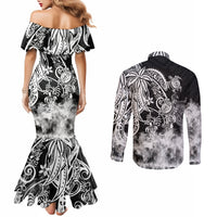 Polynesian Sea Turtle Couples Matching Mermaid Dress and Long Sleeve Button Shirts Tribal Black LT6 - Polynesian Pride