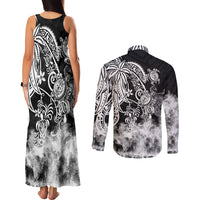Polynesian Sea Turtle Couples Matching Tank Maxi Dress and Long Sleeve Button Shirts Tribal Black LT6 - Polynesian Pride