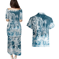 Polynesian Sea Turtle Couples Matching Puletasi Dress and Hawaiian Shirt Tribal Blue LT6 - Polynesian Pride