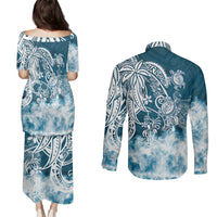 Polynesian Sea Turtle Couples Matching Puletasi Dress and Long Sleeve Button Shirts Tribal Blue LT6 - Polynesian Pride