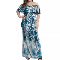 Polynesian Sea Turtle Off Shoulder Maxi Dress Tribal Blue LT6 Women Blue - Polynesian Pride