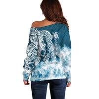 Polynesian Sea Turtle Off Shoulder Sweater Tribal Blue LT6 - Polynesian Pride