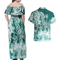 Polynesian Sea Turtle Couples Matching Off Shoulder Maxi Dress and Hawaiian Shirt Tribal Green LT6 - Polynesian Pride