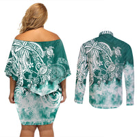 Polynesian Sea Turtle Couples Matching Off Shoulder Short Dress and Long Sleeve Button Shirts Tribal Green LT6 - Polynesian Pride
