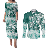 Polynesian Sea Turtle Couples Matching Puletasi Dress and Long Sleeve Button Shirts Tribal Green LT6 Green - Polynesian Pride
