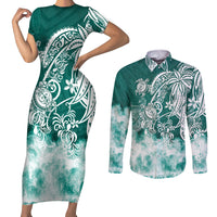 Polynesian Sea Turtle Couples Matching Short Sleeve Bodycon Dress and Long Sleeve Button Shirts Tribal Green LT6 Green - Polynesian Pride