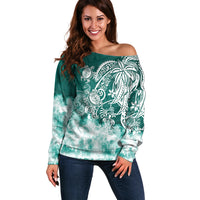 Polynesian Sea Turtle Off Shoulder Sweater Tribal Green LT6 Women Green - Polynesian Pride