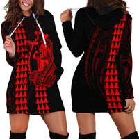Polynesian Hoodie Dress Hawaiian Warrior and Aloha Girl With Hammerhead Shark Tattoos Red LT6 - Polynesian Pride
