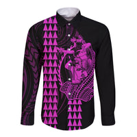 Polynesian Long Sleeve Button Shirt Hawaiian Warrior and Aloha Girl With Hammerhead Shark Tattoos Purple LT6 Unisex Purple - Polynesian Pride