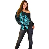 Polynesian Off Shoulder Sweater Hawaiian Warrior and Aloha Girl With Hammerhead Shark Tattoos Light Blue LT6 - Polynesian Pride