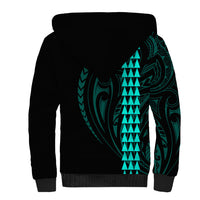 Polynesian Sherpa Hoodie Hawaiian Warrior and Aloha Girl With Hammerhead Shark Tattoos Turquoise LT6 - Polynesian Pride