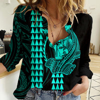 Polynesian Women Casual Shirt Hawaiian Warrior and Aloha Girl With Hammerhead Shark Tattoos Turquoise LT6 Female Green - Polynesian Pride