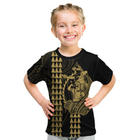 Polynesian Kid T Shirt Hawaiian Warrior and Aloha Girl With Hammerhead Shark Tattoos Gold LT6 Gold - Polynesian Pride