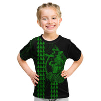 Polynesian Kid T Shirt Hawaiian Warrior and Aloha Girl With Hammerhead Shark Tattoos Green LT6 Green - Polynesian Pride