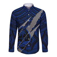 Polynesian Guam Long Sleeve Button Shirt with Coat Of Arms Claws Style - Blue LT6 Unisex Blue - Polynesian Pride