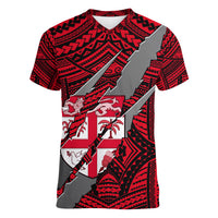Polynesian Fiji Women V Neck T Shirt with Coat Of Arms Claws Style - Red LT6 Female Red - Polynesian Pride