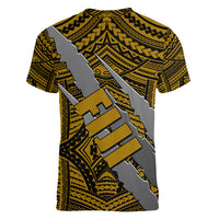 Polynesian Fiji Women V Neck T Shirt with Coat Of Arms Claws Style - Gold LT6 - Polynesian Pride
