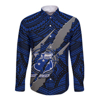 Polynesian Samoa Long Sleeve Button Shirt with Coat Of Arms Claws Style - Blue LT6 Unisex Blue - Polynesian Pride