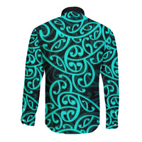 New Zealand Long Sleeve Button Shirt Maori Pattern Turquoise LT6 - Polynesian Pride